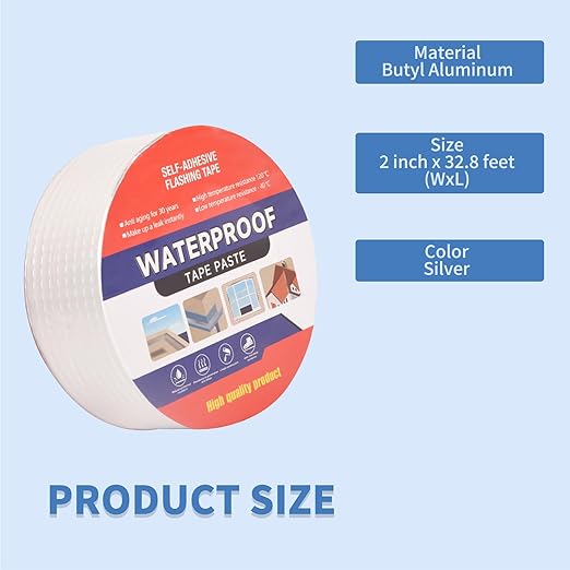 2" W X 32.8'L Waterproof Tape for Leaks Aluminum Butyl Tape with Adhesive for RV Repair, Glass Repairs, Air Mattress Patch, Window Caulking, Boat Sealing, Roof Patching