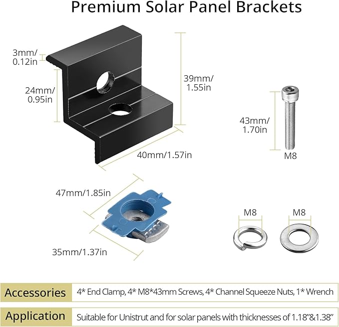 Anbte 4pcs Solar Panel End Clamp for Standard Unistrut, Aluminum 30mm/35mm Solar Panel Brackets with Nuts Bolts, Solar Panel Mounting Kit for Metal Roof, Tin Roof, Flat Roof, Sheet Roof, Black