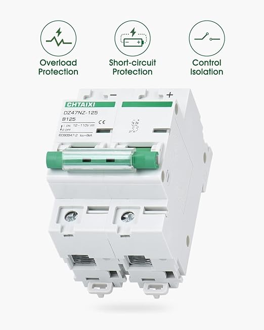 12V-110V DC Miniature Circuit Breaker, 125 Amp 2 Pole Battery Breaker Protector for Solar PV System and RV, Thermal Magnetic Trip, DIN Rail Mount, High Current DC Disconnect Switch MCB 2P B125