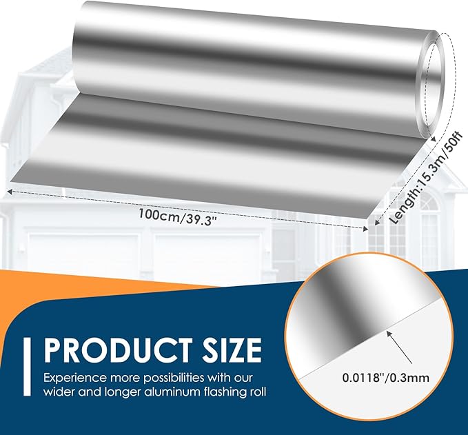 Aluminum Roll Flashing, 40'' x 50' Metal Roofing Roll for Roof and Garden, Prevents Roofing Stains, 0.019-inch/0.3 mm Thickness (26GA) Roof Strip for Moss and Mildew Prevention