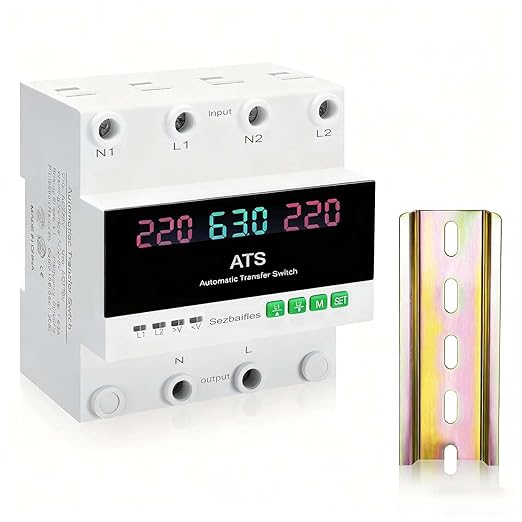 63A 220V Automatic Transfer Switch, 2P Dual Power Select Interruptor Electrical Changeover Switch with LED Display, Mini ATS Din Rail Mount, 50/60Hz CE Certified for Home Backup Power
