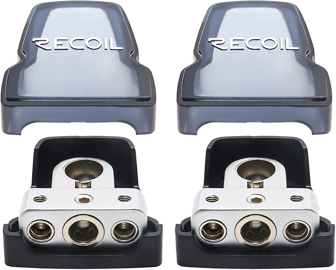 Recoil PBT-D04 2 Pack Premium Solid Brass Positive Negative Battery Terminals Clamps with One 0/2/4 Gauge Output and Two 4/8 Gauge Outputs