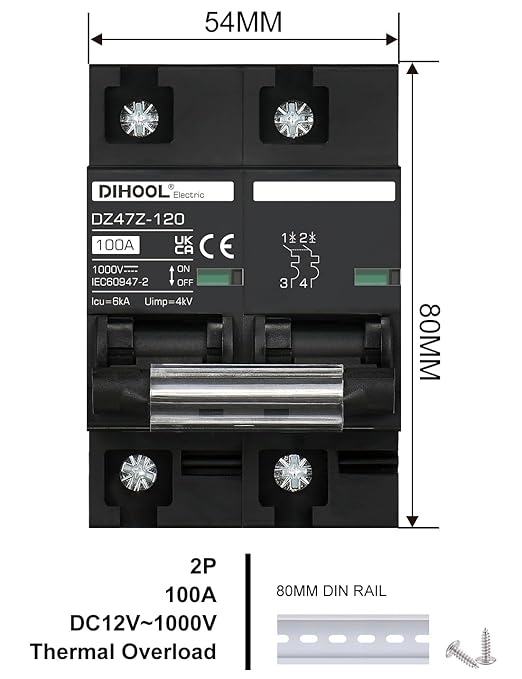 DIHOOL DC Circuit Breaker 100 Amp Solar Disconnect Switch 2p 1000V for PV, UPS, RV Battery,DIN Rail Mount…