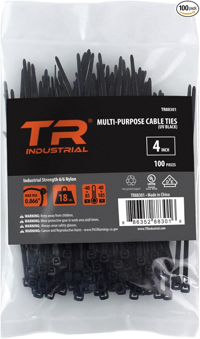 TR Industrial Multi-Purpose UV Resistant Black Cable Ties, 4 inches, 100 Pack