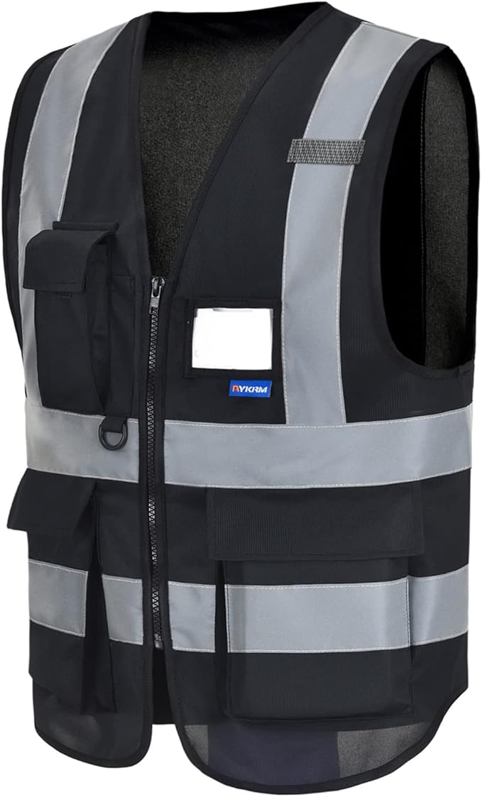 A-SAFETY 7 Pockets Hi Viz Zipper Front Working Safety Vest with Reflective Strips, Multiple Colors Available, Black M