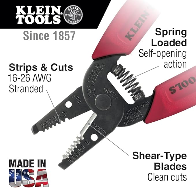 Klein Tools 11046 Wire Stripper, Wire Cutter, Made in USA, Stripping/Cutting Tool for 16-26 AWG Stranded, Compact Nose with Precision-ground Stripping Holes
