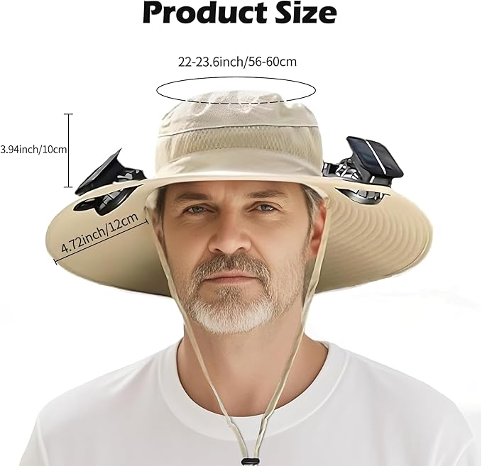 Wide Brim Solar Fan Hat, Outdoor Sun Hat with 2 Solar Power Fan for Men Women UPF 50+ Breathable Bucket Fishing Hat