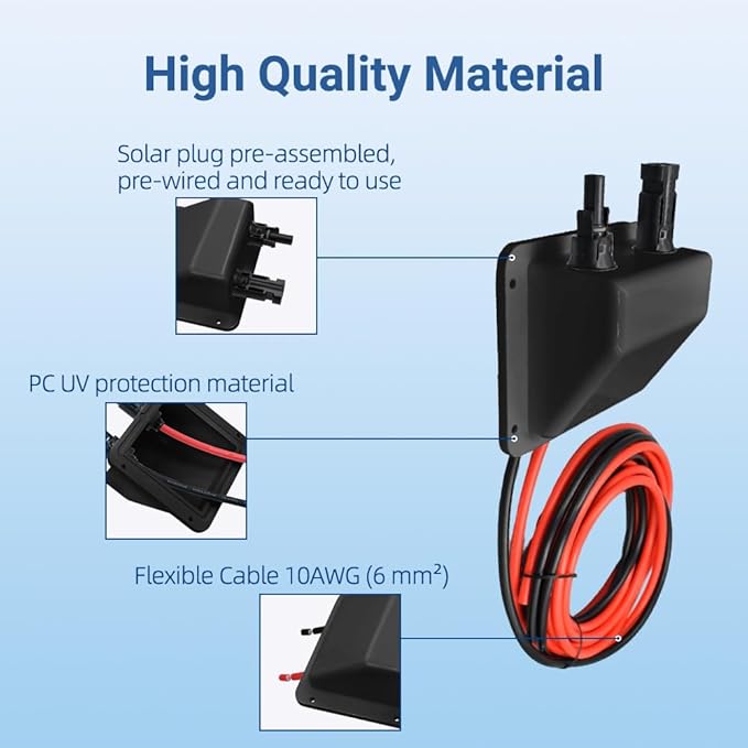 Solar Cable Entry Gland, Dual Cable Entry Housing with 1m 6mm² Solar Extension Cable Connector, Solar Junction Box, UV Resistancefor Solar Project on Rv, Boat,Camper（3.28ft, 10awg