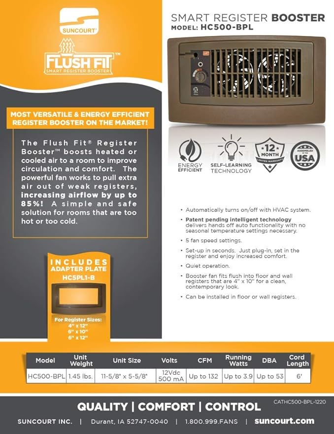 Suncourt Flush Fit Floor/Wall Register Booster Fan — Ultra-Quiet, 5-Speed Vent Fan with Smart Technology and 6-Foot Power Cord, HC500-BPL (Brown)