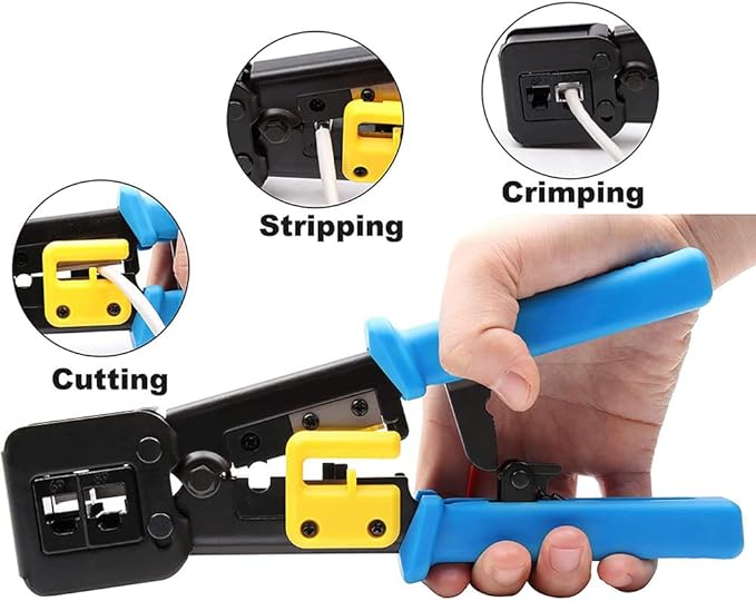 RJ45 Crimping Tool Ethernet Crimper for Cat6 Cat5 Cat5e RJ45 Pass Through Connectors and R11/RJ12 Regular Ends with 50Pcs Connectors, 50Pcs Covers and Mini Wire Stripper