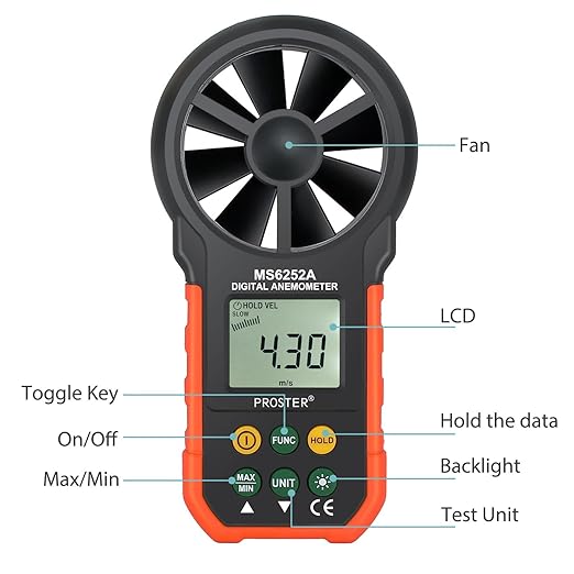 Proster Handheld Digital Anemometer - Portable Wind Speed Meter CFM Meter Wind Gauge Air Volume Measure with LCD Backlight for Outdoors Sailing Surfing Fishing