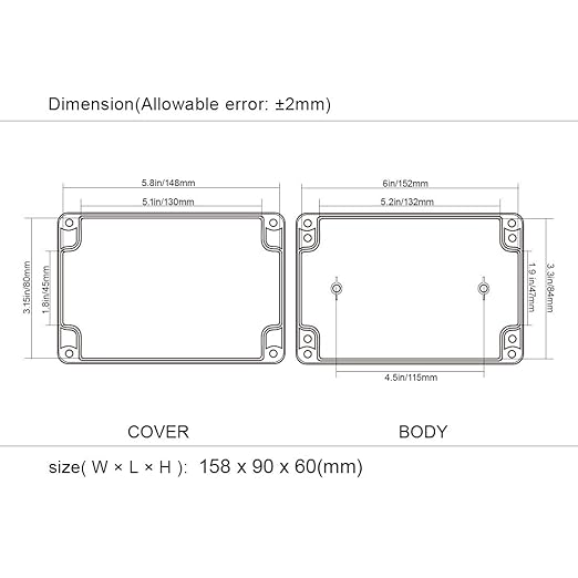 LeMotech Project Box ABS Plastic Junction Box IP65 Waterproof Electrical Boxes Universal Enclosure Black 6.2X 3.5X 2.4 inch (158x90x60mm)（Pack of 1）