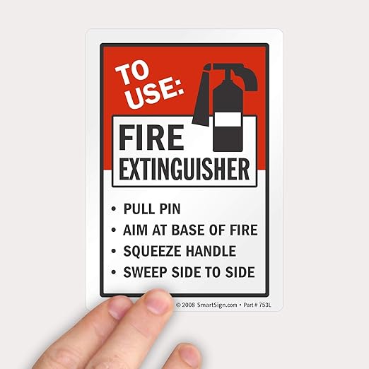 SmartSign 5" x 3.5" 'to Use Fire Extinguisher Pull Pin Aim at Base Squeeze Handle Sweep Side to Side' Sticker Label with Symbol, 3 mil Laminated Adhesive Polyester, Red/Black/White, USA-Made