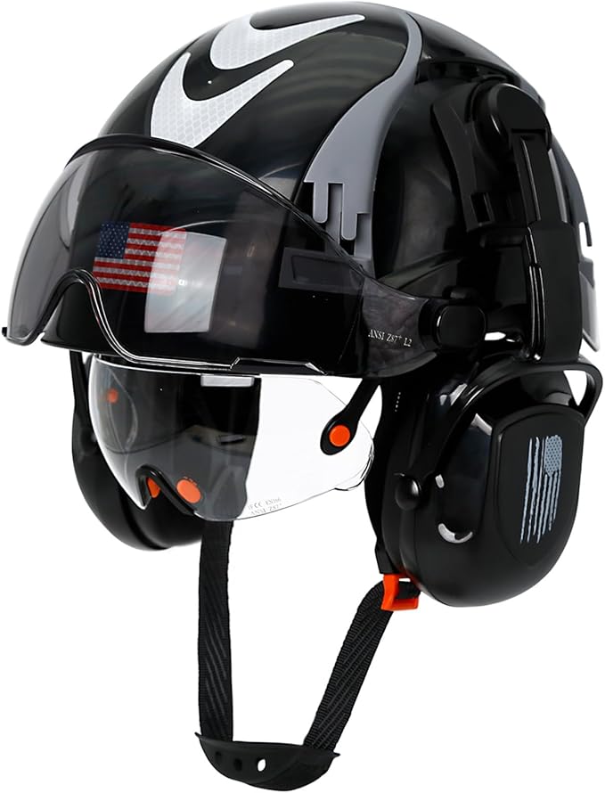 Hard Hat with Dual Visor and Hearing Protection-OSHA Approved Construction Hard Hats with Visor Sunglasses Earmuffs for Men,Vented Forestry Chainsaw Arborist Helmet with Chin Straps