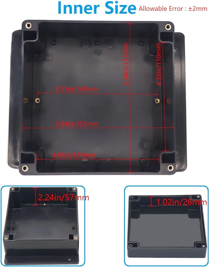 Project Box ABS Black Electrical Boxes IP67 Outdoor Waterproof Junction Box Electronic with Mounting Ears Includes Cable Glands for DIY Project 6.3 x 6.3 x 3.5 inch (160x160x90mm)
