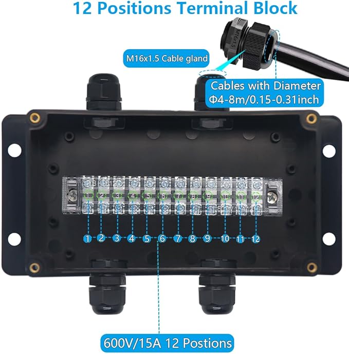 Project BoxI P67 Outdoor Waterproof Box Electronic Junction Box with 15A 600V 12P Barrier Terminal 2IN/2Out Electrical Boxes 6.2x3.5x2.4inch