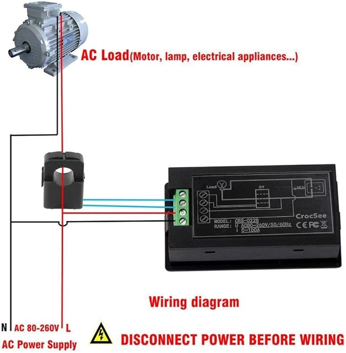 CrocSee AC 80-260V 100A CRS-022B LCD Display Digital Current Voltage Power Energy Frequency Power Factor Multimeter Ammeter Voltmeter with 100A Split Core Current Transformer
