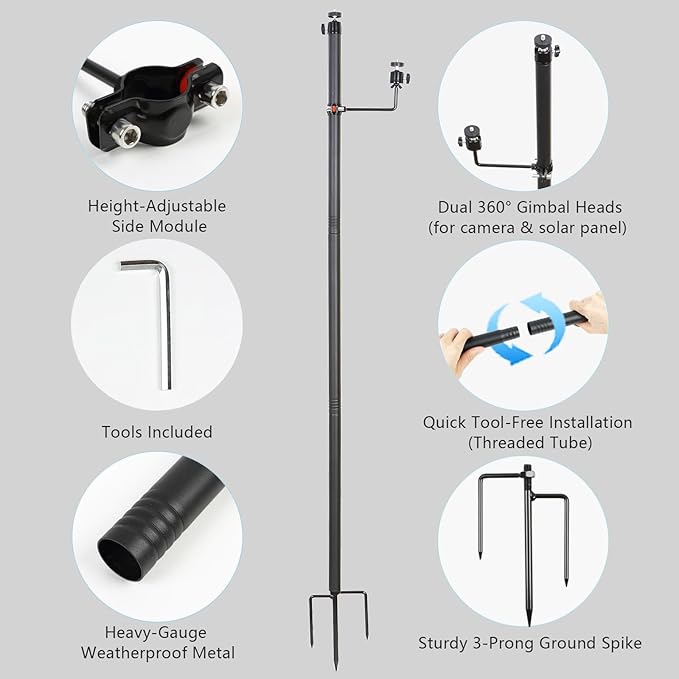 Heavy Duty Trail Camera Mount with Tripod Ground Stake | Includes Height-Adjustable Side Mount for Dual Camera or Solar Panel Setup | Max Height 57" | Universal 1/4"-20 Screw (56" Black x 2)