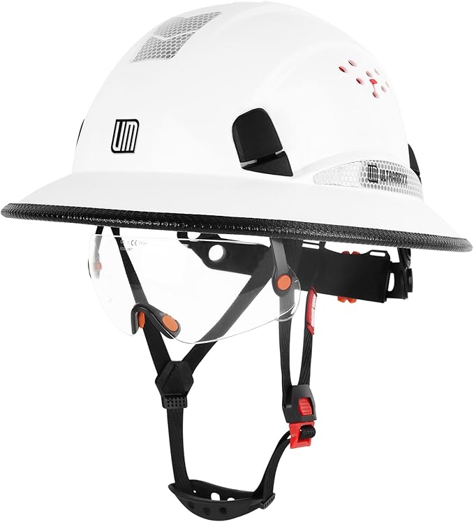 Full Brim Hard Hat with Built-in Visor, ANSI Z89.1 OSHA Approved Construction Safety Helmet with Chin Strap for Men Women