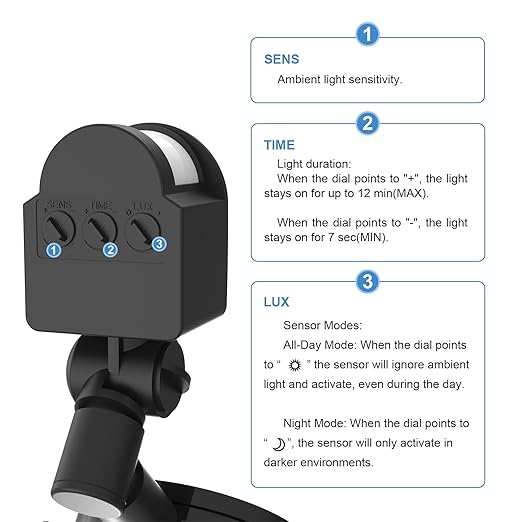 Kekeou Motion Sensor with Junction Box Cable Connector, 160-Degree Replacement Motion Detector for Floodlight, Adjustable Time & Detection Sensitiity Up to 40FT Range, 2 Modes PIR Sensor for any lamps