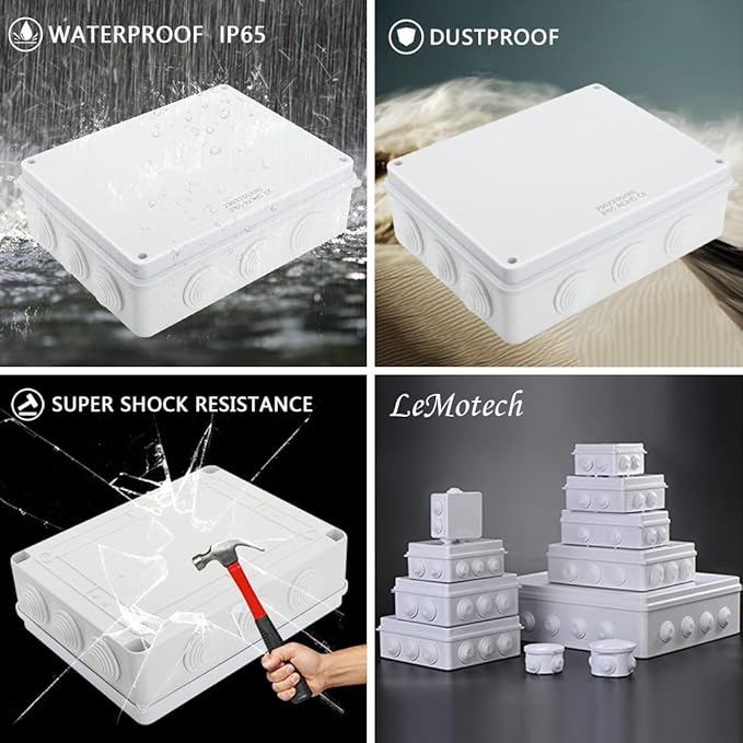 LeMotech Junction Box, ABS Plastic IP65 Waterproof and Dustproof, Universal Electrical Enclosure, Outdoor and Indoor Project Box 10 x 7.9 x 3.1 inch (255 x 200 x 80 mm)