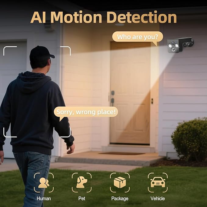 Solar Security Cameras Wireless Outdoor, 2K Battery Powered, Cloud/SD Storage, Built-in Solar, IP65 Waterproof, AI Motion, Color Night Vision, Outside WiFi Cameras for Home Security