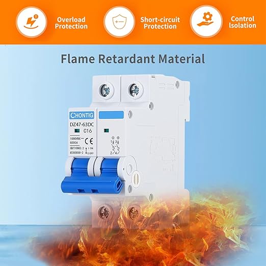 16 Amp Miniature DC Circuit Breaker 1000V 2 Pole, Solar PV Disconnect Switch with Thermal Magnetic Trip, DIN Rail Mount Isolator C16