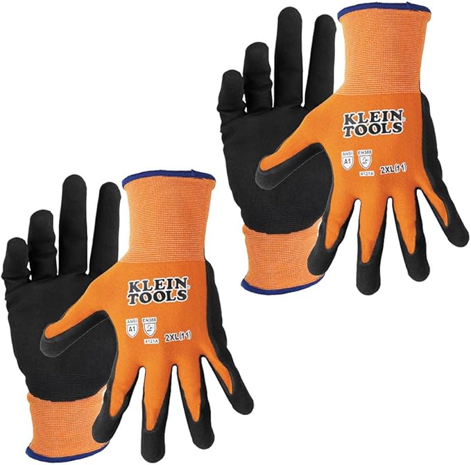 Klein Tools 60823 Work Gloves, Knit Dipped Cut Resistant ANSI A1 Nitrile Coated Gloves, Nylon-Spandex, Touchscreen Capable, 2XL, 2-Pair