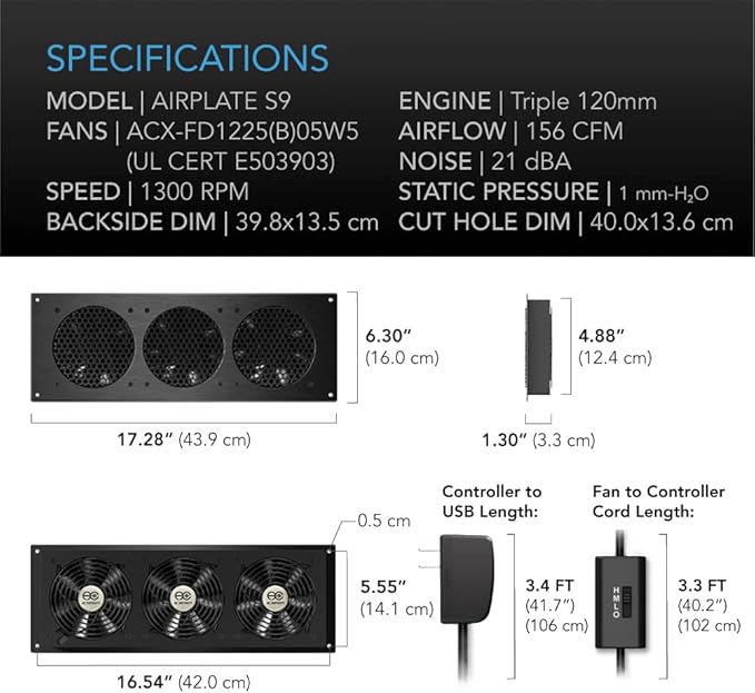 AC Infinity AIRPLATE S9, Quiet Cooling Fan System 18" with Speed Control, for Home Theater AV Cabinet Cooling