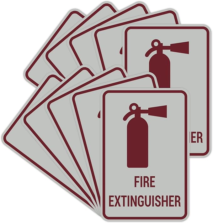 Signs ByLITA Portrait Round Fire Extinguisher Sign with Adhesive Tape, Mounts On Any Flat Surface (Light Grey/Burgundy) - Large (10 Pack)