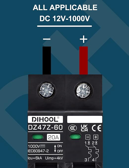 DIHOOL DC Circuit Breaker 20 Amp Solar Disconnect Switch 2P 1000V for PV, UPS, RV Battery,DIN Rail Mount