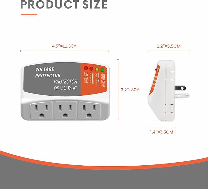 Surge Protector for Refrigerator with 3 Outlets Wall Socket Over/Under Voltage Protection for Home Appliances, 140J Surge Protection for Air Conditioner/TV/PC 120V 15A 1800W
