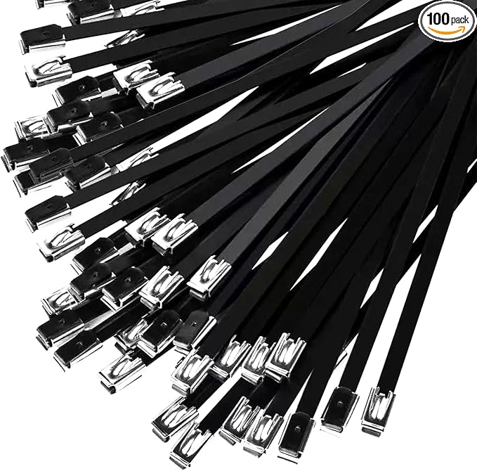 100PCS 11.8" Black Epoxy Coated Metal Zip Ties, Heavy Duty Self-Locking Stainless Steel, Corrosion Resistant for Harsh Environments, Ideal for Machinery, Vehicles, Farm, Cable & Pipe Binding