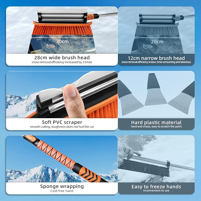 34'' to 41'' Extendable Snow Brush, Ice Scraper for Car Windshield, Emergency Snow Shovel Snow Broom with Foam Grip 180° Pivoting Brush Head, Telescoping Snow Scraper for Car SUV Truck, Orange