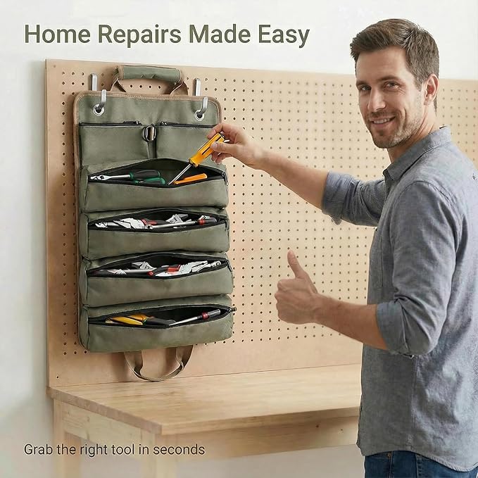 Tool Bag for Hand Tools: 6 Zipper Pockets Keep Tools Sorted - Hang-Open Access on Hooks/Pegboard - Heavy-Duty Garage Organizer for Homeowner DIY Repairs