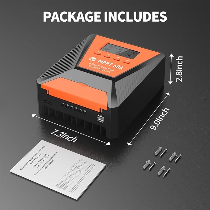 60A MPPT Solar Charge Controller 12V/ 24V Solar Panel Charge Controller Intelligent Regulator for FLD/LiFePO4/SLD/GEL/AGM with Dual USB Port Auto Parameter LCD Display and Timer Setting ON/Off Hours