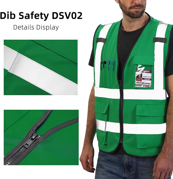 Dib Safety Reflective Vest ANSI Class 2, High Visibility Vest with Pockets and Zipper, Construction Work, Hi Vis