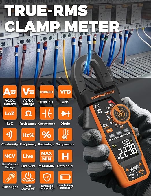 Inrush Clamp Meter with Flashlight,CM06 Clamp Multimeter,T-RMS 6000 Counts 600A Amp Meter with VFD, LOZ,NCV, AC/DC Voltage Current,Continuity Capacitance Frequency Resistance Temperature