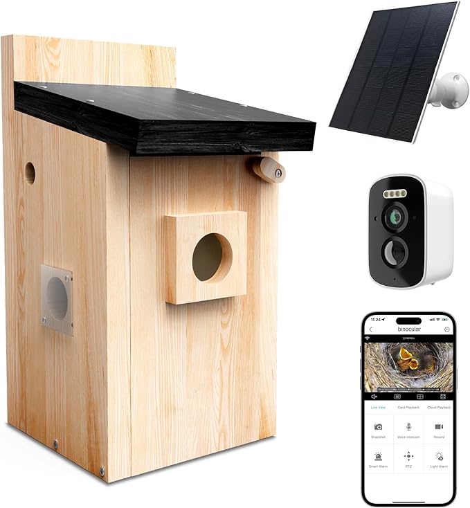 Solar Bird House with Camera, 1080P HD Wooden Smart Birdnest Solar Powered, Watch Birds Nesting & Hatching in Real Time, AI Identify Bird Behavior & Create Bird Story, Weatherproof Birdhouse