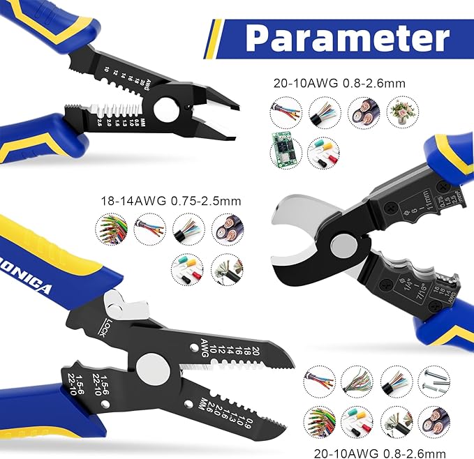 haisstronica Wire Stripper Tools Set for DIY,10-20AWG,3 Pack Manual Wire Stripper & Flush Cutters & Cable Cutters for Wire Stripping, Cutting, Crimping, Cable Skinning