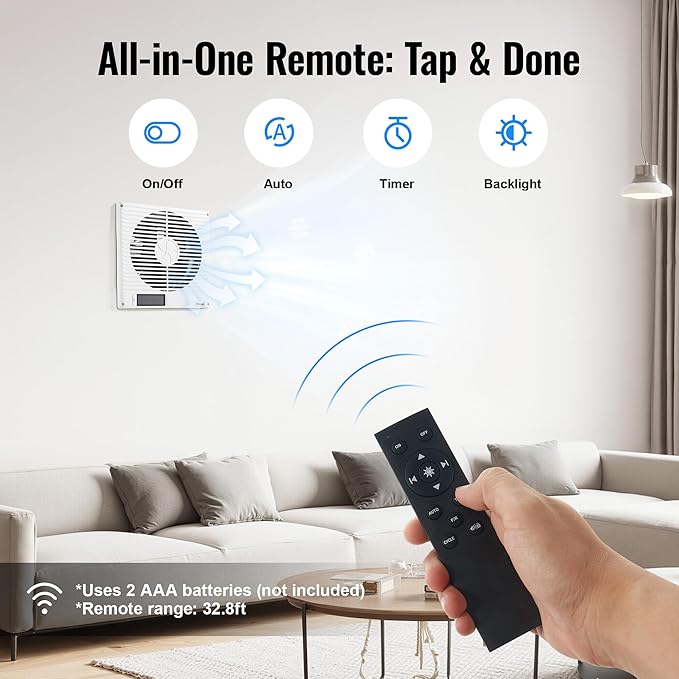 8" Room to Room Fan with Remote, 320CFM Through Wall Air Transfer Fan with Temperature Control, Reversible Airflow Design, 10 Speeds, Quiet Balance Exhaust Vent for Bedroom, Laundry,Kitchen