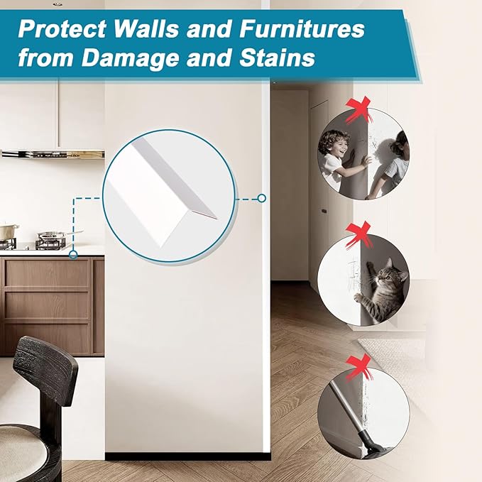 Raytano 8Pcs 45" L ×1" W Self Adhesive Metal Corner Protectors, Modern Aluminum Wall Corner Guards for Wall Door Furniture Cabinet Baseboard Frame Protection and Decoration (Size:45" x 1",White)