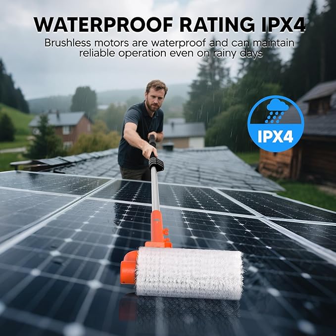 Electric Solar Panel Cleaning Brush and Pole, 20FT Telescopic Cleaning Roller Brush with Water Fed Pole，2 Hours Runtime, 2 Spin Speeds, for Solar Panlel, Outside High Window, Roof (Orange)