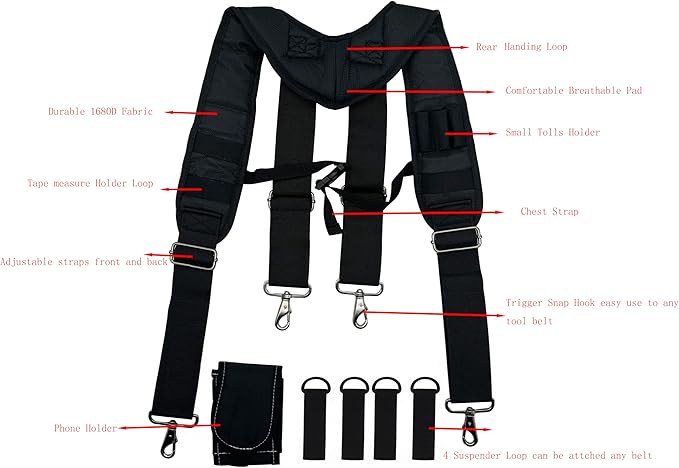Tool Belt Suspender for Men 4 Point Padded with Attachment Loops, WristBand Pouch Pocket for Construction Worker