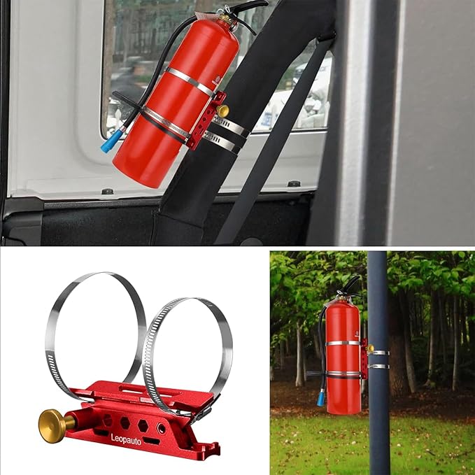 Universal Fire Extinguisher Mount, Aluminum Quick Release Roll Bar Fire Extinguisher Bracket Holder with 8 Clamps Compatible with Jeep Wrangler JK TJ JL JKU Polaris RZR Ranger UTV, Red