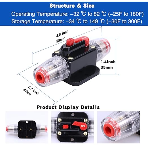 40 Amps Audio Inline Circuit Breaker Reset Fuse, 12V-24V DC Manual Reset Inline Fuse Holder for Car Marine Trolling Motors Audio, Stereo Switch and Solar Inverter System Protection 40A 2 Pcs