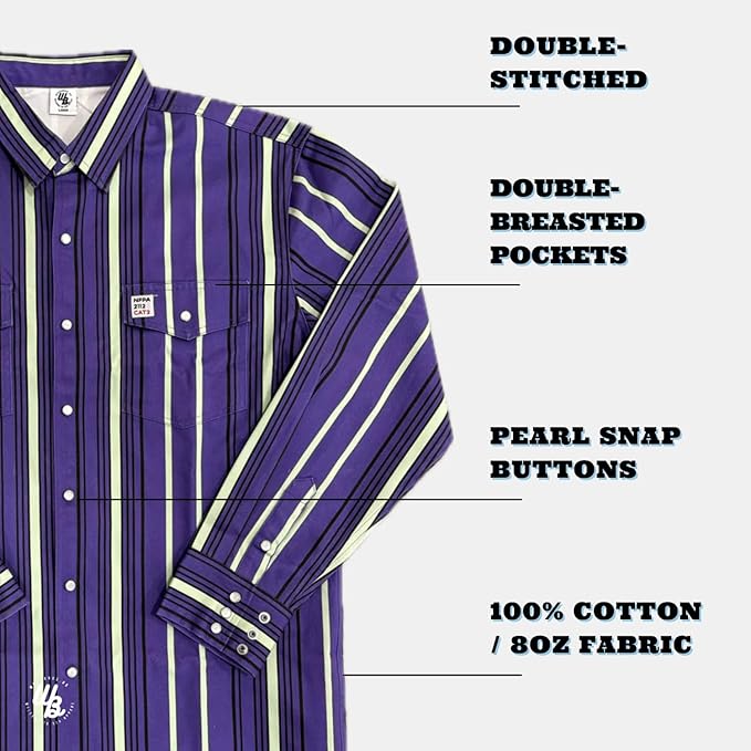WoahBros FR Shirts for Men, 8oz Midweight Flame Resistant Welding Shirt, 100% Cotton, Pearl Snap Buttons - CAT2/NFPA2112