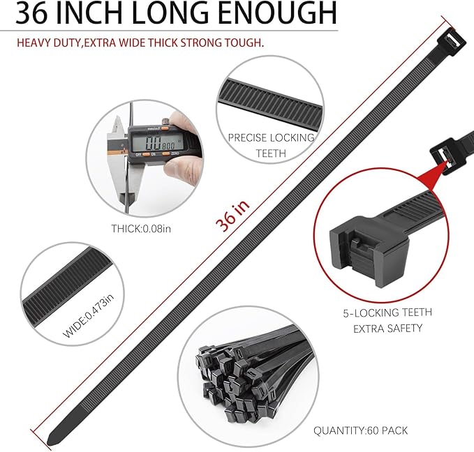 BethTie Black 36inch Zip Ties Heavy Duty 300 PCS, 250 LBS Ultra Strong Plastic Wire Ties, Large Cable Ties Extra Long Tie Wraps, Indoor and Outdoor UV Resistant