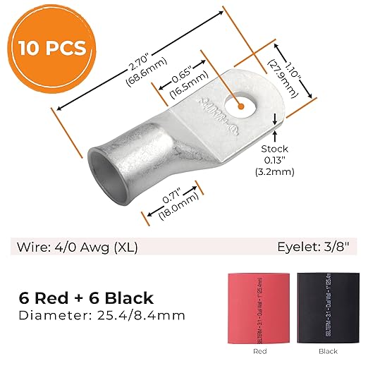 SELTERM 10pcs - 4/0 Awg (XL) 3/8" Stud Battery Lugs - Ring Terminal Connectors with 12pcs 3:1 Black & Red Heat Shrink Tubing with Adhesive, Heavy Duty Battery Cable Ends - Tinned Copper Wire Lugs Kit