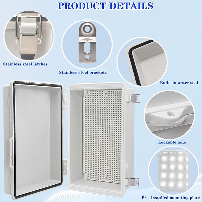 Waterproof Outdoor Electrical Junction Box Weatherproof IP67 ABS Plastic Enclosure Switch Router Project Box with Mounting Plate with Wall Bracket 2 Cable Glands Grey 10.23" x 6.3" x 3.94"